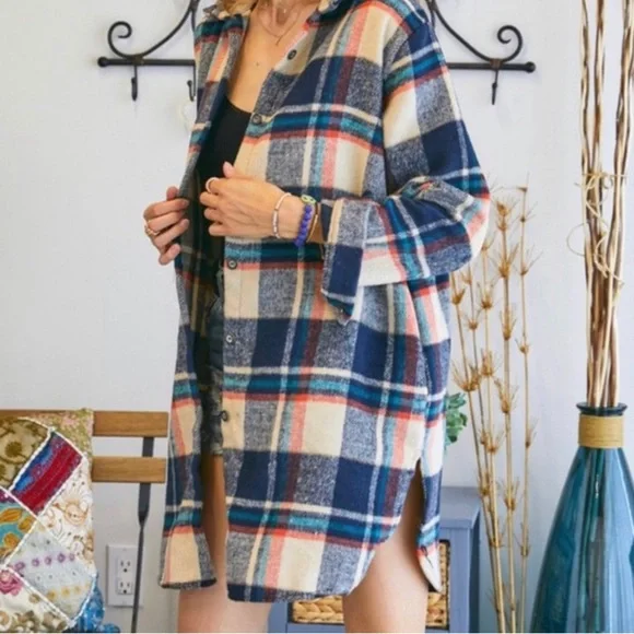 Flannel Plaid Shirt Long Shacket Multi Sizes NWT - Picture 5 of 8